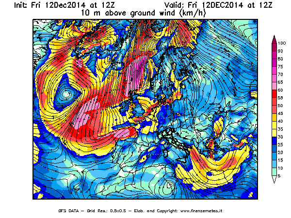 Mappa di analisi GFS - Velocità del vento a 10 metri dal suolo [km/h] in Europa
									del 12/12/2014 12 <!--googleoff: index-->UTC<!--googleon: index-->