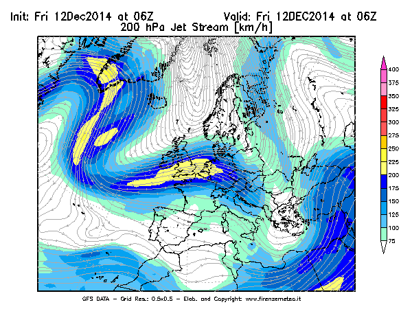 Mappa di analisi GFS - Jet Stream a 200 hPa in Europa
									del 12/12/2014 06 <!--googleoff: index-->UTC<!--googleon: index-->