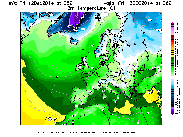 Mappa di analisi GFS - Temperatura a 2 metri dal suolo [°C] in Europa
									del 12/12/2014 06 <!--googleoff: index-->UTC<!--googleon: index-->