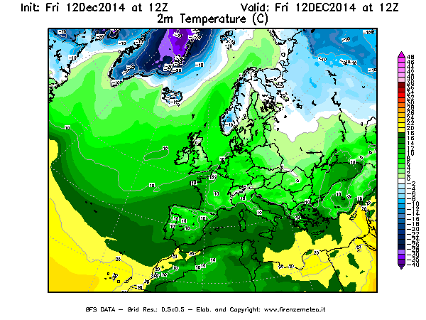 Mappa di analisi GFS - Temperatura a 2 metri dal suolo [°C] in Europa
									del 12/12/2014 12 <!--googleoff: index-->UTC<!--googleon: index-->