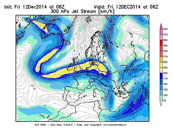 Mappa di analisi GFS - Jet Stream a 300 hPa in Europa
									del 12/12/2014 06 <!--googleoff: index-->UTC<!--googleon: index-->