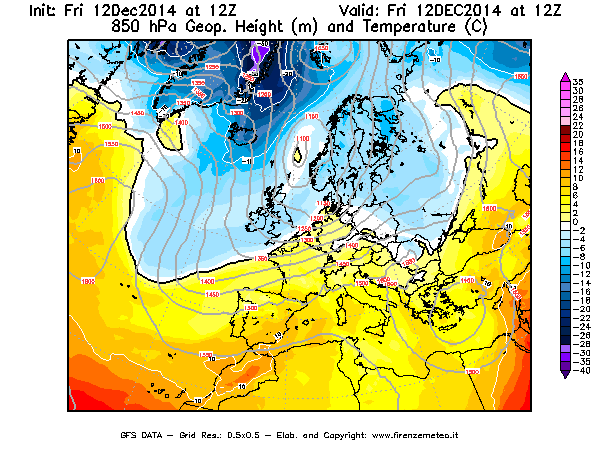 Mappa di analisi GFS - Geopotenziale [m] e Temperatura [°C] a 850 hPa in Europa
									del 12/12/2014 12 <!--googleoff: index-->UTC<!--googleon: index-->