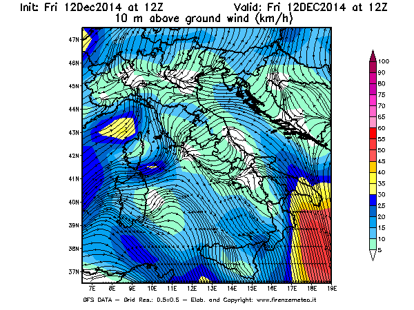 Mappa di analisi GFS - Velocità del vento a 10 metri dal suolo [km/h] in Italia
									del 12/12/2014 12 <!--googleoff: index-->UTC<!--googleon: index-->