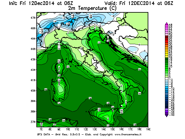 Mappa di analisi GFS - Temperatura a 2 metri dal suolo [°C] in Italia
									del 12/12/2014 06 <!--googleoff: index-->UTC<!--googleon: index-->