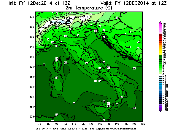 Mappa di analisi GFS - Temperatura a 2 metri dal suolo [°C] in Italia
									del 12/12/2014 12 <!--googleoff: index-->UTC<!--googleon: index-->