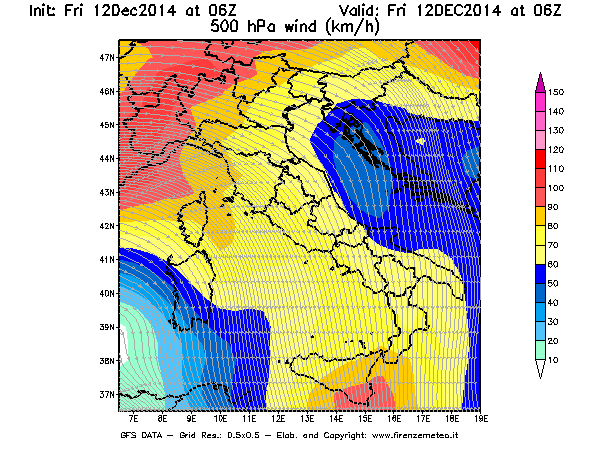 Mappa di analisi GFS - Velocità del vento a 500 hPa [km/h] in Italia
									del 12/12/2014 06 <!--googleoff: index-->UTC<!--googleon: index-->
