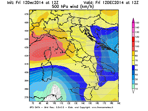 Mappa di analisi GFS - Velocità del vento a 500 hPa [km/h] in Italia
									del 12/12/2014 12 <!--googleoff: index-->UTC<!--googleon: index-->