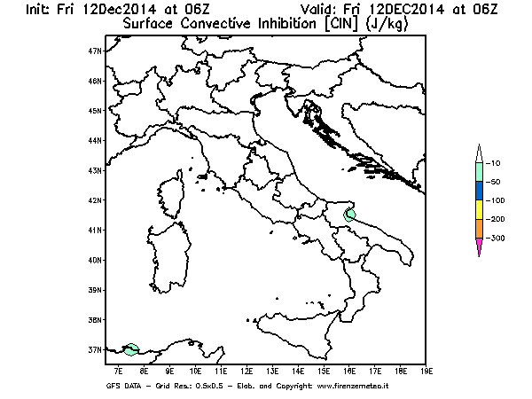 Mappa di analisi GFS - CIN [J/kg] in Italia
									del 12/12/2014 06 <!--googleoff: index-->UTC<!--googleon: index-->