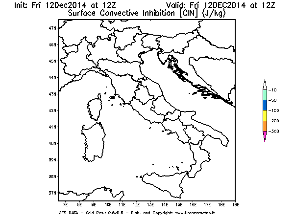 Mappa di analisi GFS - CIN [J/kg] in Italia
									del 12/12/2014 12 <!--googleoff: index-->UTC<!--googleon: index-->