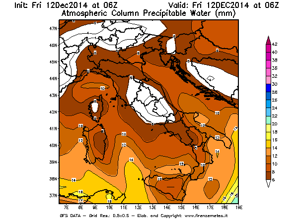 Mappa di analisi GFS - Precipitable Water [mm] in Italia
									del 12/12/2014 06 <!--googleoff: index-->UTC<!--googleon: index-->