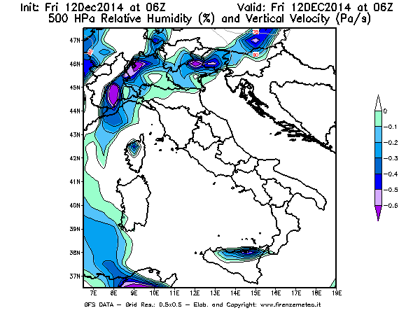 Mappa di analisi GFS - Umidità relativa [%] e Omega [Pa/s] a 500 hPa in Italia
									del 12/12/2014 06 <!--googleoff: index-->UTC<!--googleon: index-->