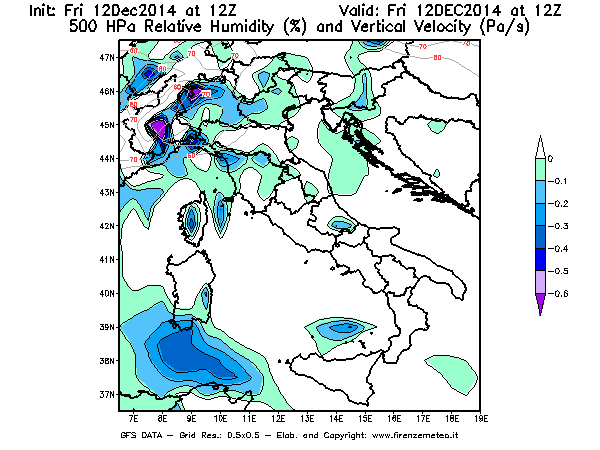 Mappa di analisi GFS - Umidità relativa [%] e Omega [Pa/s] a 500 hPa in Italia
									del 12/12/2014 12 <!--googleoff: index-->UTC<!--googleon: index-->