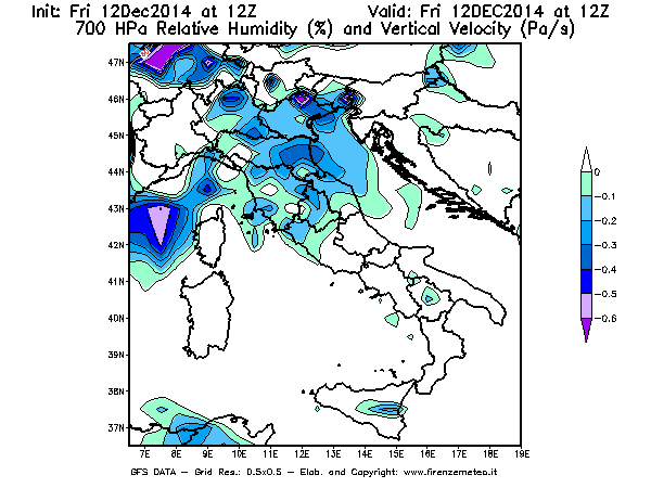Mappa di analisi GFS - Umidità relativa [%] e Omega [Pa/s] a 700 hPa in Italia
									del 12/12/2014 12 <!--googleoff: index-->UTC<!--googleon: index-->