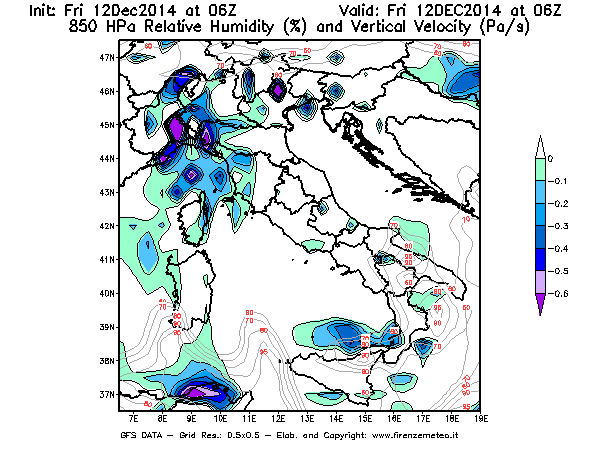Mappa di analisi GFS - Umidità relativa [%] e Omega [Pa/s] a 850 hPa in Italia
									del 12/12/2014 06 <!--googleoff: index-->UTC<!--googleon: index-->