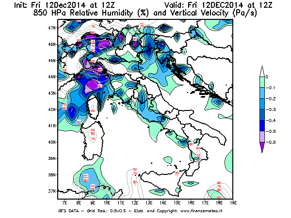 Mappa di analisi GFS - Umidità relativa [%] e Omega [Pa/s] a 850 hPa in Italia
									del 12/12/2014 12 <!--googleoff: index-->UTC<!--googleon: index-->
