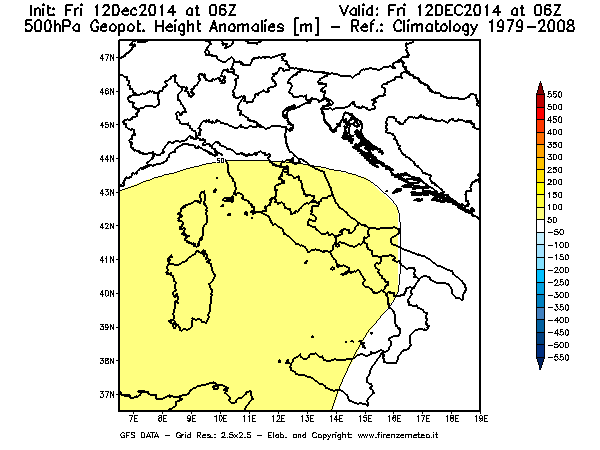 Mappa di analisi GFS - Anomalia di Geopotenziale a 500 hPa in Italia
									del 12/12/2014 06 <!--googleoff: index-->UTC<!--googleon: index-->