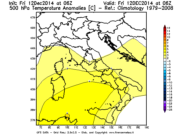 Mappa di analisi GFS - Anomalia Temperatura [°C] a 500 hPa in Italia
									del 12/12/2014 06 <!--googleoff: index-->UTC<!--googleon: index-->