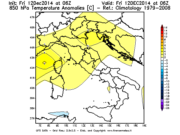 Mappa di analisi GFS - Anomalia Temperatura [°C] a 850 hPa in Italia
									del 12/12/2014 06 <!--googleoff: index-->UTC<!--googleon: index-->