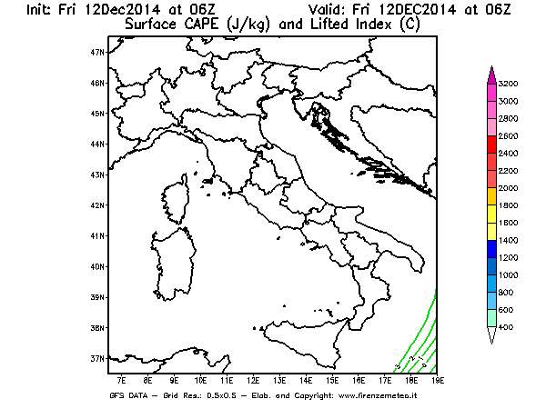 Mappa di analisi GFS - CAPE [J/kg] e Lifted Index [°C] in Italia
									del 12/12/2014 06 <!--googleoff: index-->UTC<!--googleon: index-->