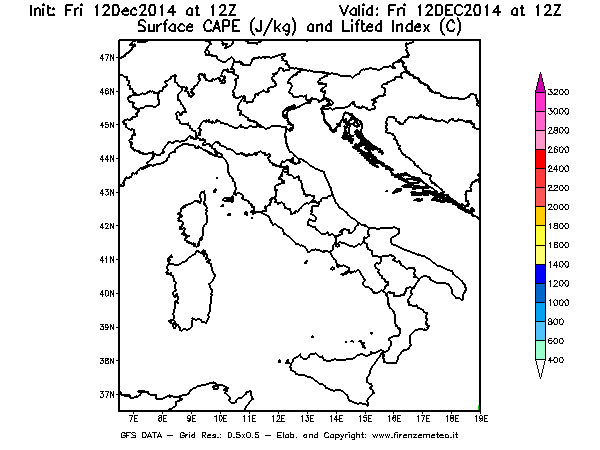 Mappa di analisi GFS - CAPE [J/kg] e Lifted Index [°C] in Italia
									del 12/12/2014 12 <!--googleoff: index-->UTC<!--googleon: index-->