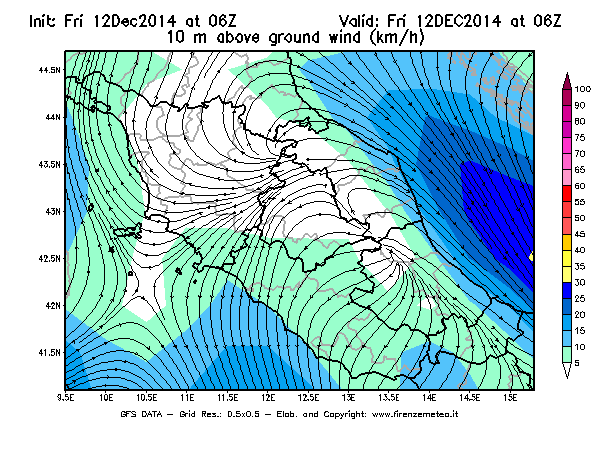 Mappa di analisi GFS - Velocità del vento a 10 metri dal suolo [km/h] in Centro-Italia
									del 12/12/2014 06 <!--googleoff: index-->UTC<!--googleon: index-->
