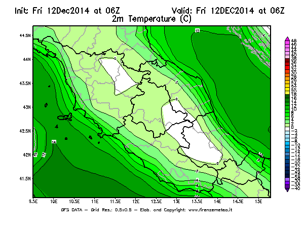 Mappa di analisi GFS - Temperatura a 2 metri dal suolo [°C] in Centro-Italia
									del 12/12/2014 06 <!--googleoff: index-->UTC<!--googleon: index-->