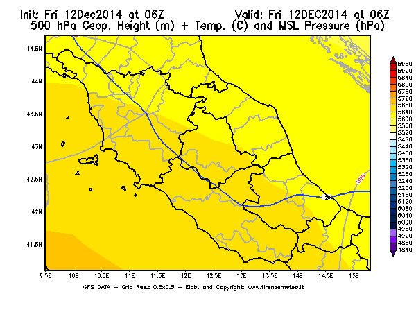 Mappa di analisi GFS - Geopotenziale [m] + Temp. [°C] a 500 hPa + Press. a livello del mare [hPa] in Centro-Italia
									del 12/12/2014 06 <!--googleoff: index-->UTC<!--googleon: index-->