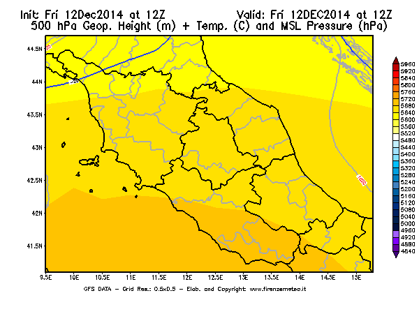 Mappa di analisi GFS - Geopotenziale [m] + Temp. [°C] a 500 hPa + Press. a livello del mare [hPa] in Centro-Italia
									del 12/12/2014 12 <!--googleoff: index-->UTC<!--googleon: index-->