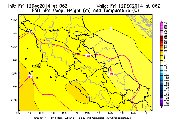 Mappa di analisi GFS - Geopotenziale [m] e Temperatura [°C] a 850 hPa in Centro-Italia
									del 12/12/2014 06 <!--googleoff: index-->UTC<!--googleon: index-->