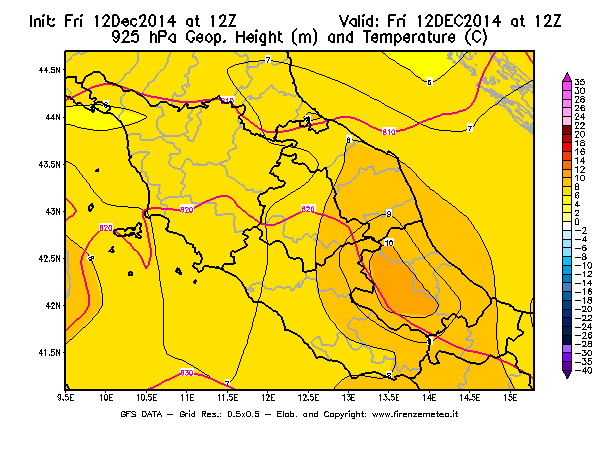 Mappa di analisi GFS - Geopotenziale [m] e Temperatura [°C] a 925 hPa in Centro-Italia
									del 12/12/2014 12 <!--googleoff: index-->UTC<!--googleon: index-->