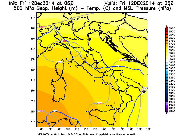 Mappa di analisi GFS - Geopotenziale [m] + Temp. [°C] a 500 hPa + Press. a livello del mare [hPa] in Italia
									del 12/12/2014 06 <!--googleoff: index-->UTC<!--googleon: index-->