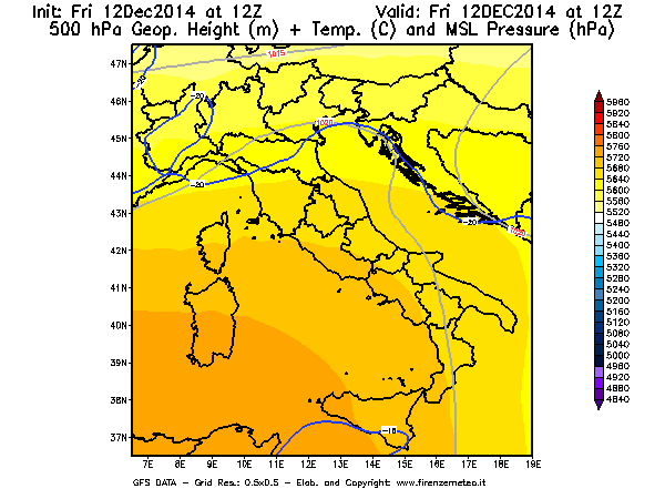 Mappa di analisi GFS - Geopotenziale [m] + Temp. [°C] a 500 hPa + Press. a livello del mare [hPa] in Italia
									del 12/12/2014 12 <!--googleoff: index-->UTC<!--googleon: index-->