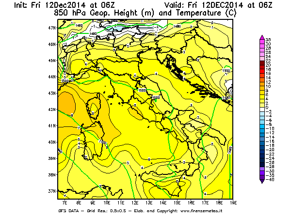 Mappa di analisi GFS - Geopotenziale [m] e Temperatura [°C] a 850 hPa in Italia
									del 12/12/2014 06 <!--googleoff: index-->UTC<!--googleon: index-->