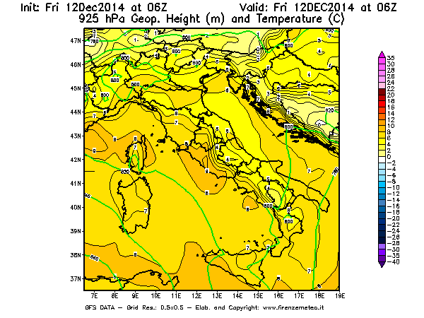Mappa di analisi GFS - Geopotenziale [m] e Temperatura [°C] a 925 hPa in Italia
									del 12/12/2014 06 <!--googleoff: index-->UTC<!--googleon: index-->