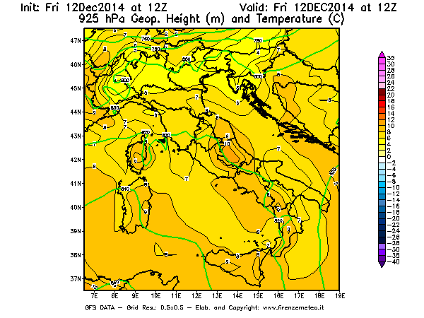 Mappa di analisi GFS - Geopotenziale [m] e Temperatura [°C] a 925 hPa in Italia
									del 12/12/2014 12 <!--googleoff: index-->UTC<!--googleon: index-->