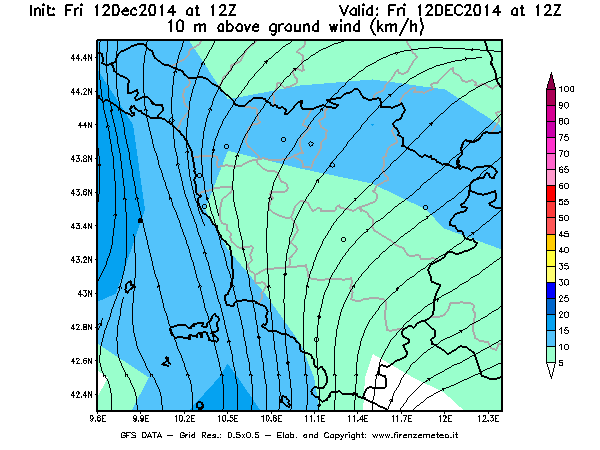 Mappa di analisi GFS - Velocità del vento a 10 metri dal suolo [km/h] in Toscana
									del 12/12/2014 12 <!--googleoff: index-->UTC<!--googleon: index-->