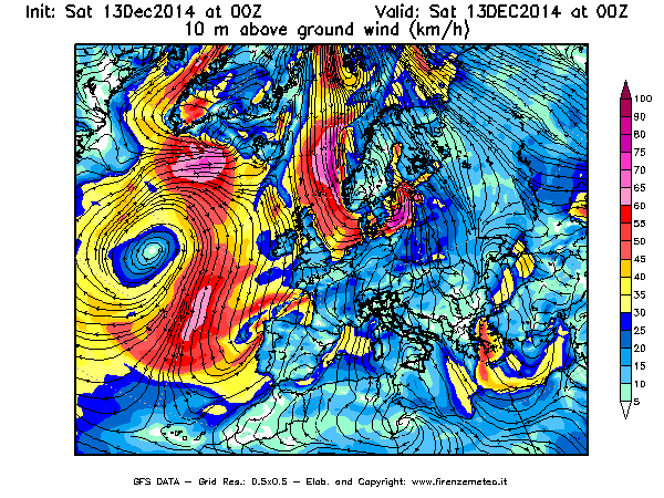 Mappa di analisi GFS - Velocità del vento a 10 metri dal suolo [km/h] in Europa
							del 13/12/2014 00 <!--googleoff: index-->UTC<!--googleon: index-->