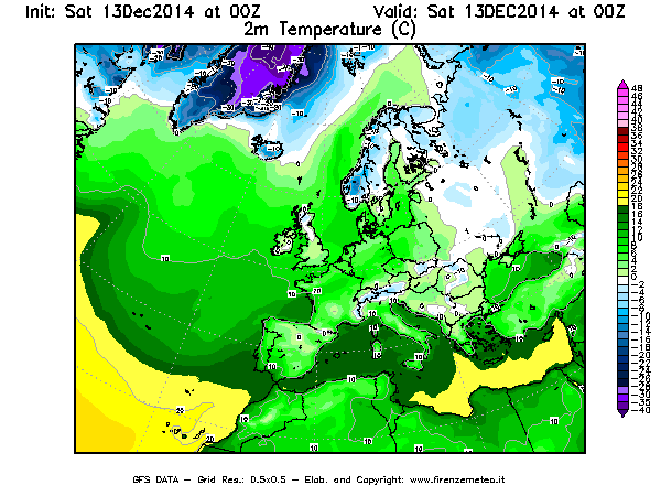 Mappa di analisi GFS - Temperatura a 2 metri dal suolo [°C] in Europa
							del 13/12/2014 00 <!--googleoff: index-->UTC<!--googleon: index-->