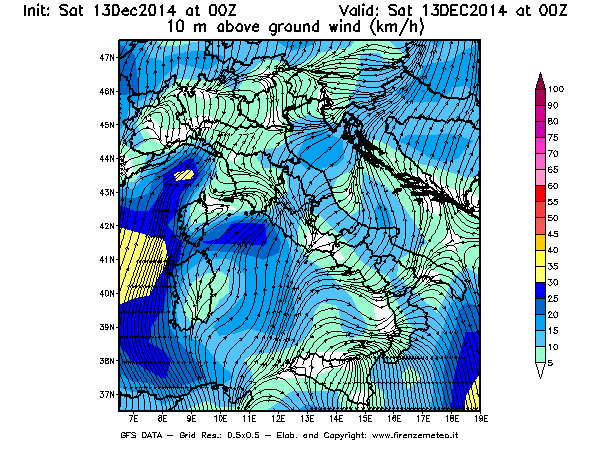 Mappa di analisi GFS - Velocità del vento a 10 metri dal suolo [km/h] in Italia
									del 13/12/2014 00 <!--googleoff: index-->UTC<!--googleon: index-->
