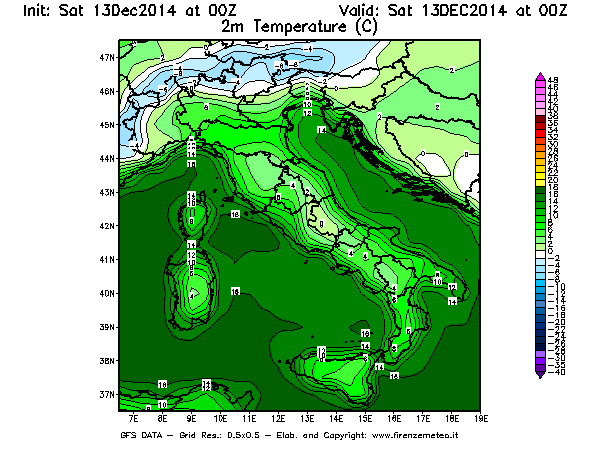 Mappa di analisi GFS - Temperatura a 2 metri dal suolo [°C] in Italia
									del 13/12/2014 00 <!--googleoff: index-->UTC<!--googleon: index-->