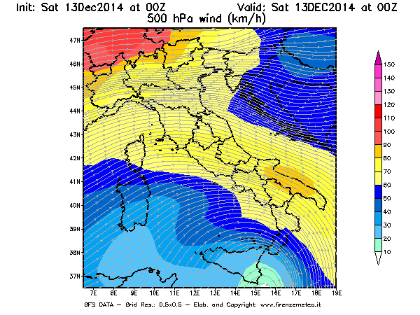 Mappa di analisi GFS - Velocità del vento a 500 hPa [km/h] in Italia
									del 13/12/2014 00 <!--googleoff: index-->UTC<!--googleon: index-->