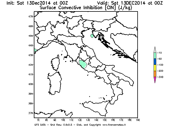 Mappa di analisi GFS - CIN [J/kg] in Italia
									del 13/12/2014 00 <!--googleoff: index-->UTC<!--googleon: index-->