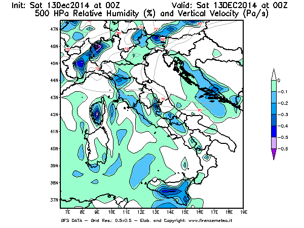Mappa di analisi GFS - Umidità relativa [%] e Omega [Pa/s] a 500 hPa in Italia
									del 13/12/2014 00 <!--googleoff: index-->UTC<!--googleon: index-->