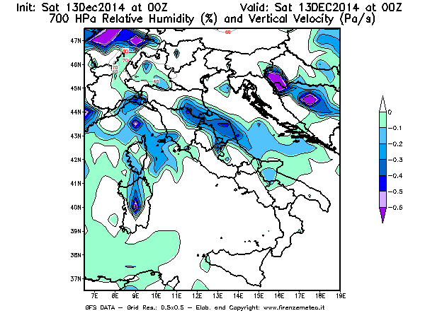 Mappa di analisi GFS - Umidità relativa [%] e Omega [Pa/s] a 700 hPa in Italia
									del 13/12/2014 00 <!--googleoff: index-->UTC<!--googleon: index-->