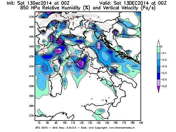 Mappa di analisi GFS - Umidità relativa [%] e Omega [Pa/s] a 850 hPa in Italia
							del 13/12/2014 00 <!--googleoff: index-->UTC<!--googleon: index-->