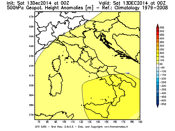 Mappa di analisi GFS - Anomalia di Geopotenziale a 500 hPa in Italia
									del 13/12/2014 00 <!--googleoff: index-->UTC<!--googleon: index-->
