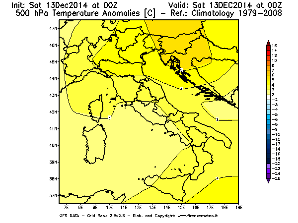 Mappa di analisi GFS - Anomalia Temperatura [°C] a 500 hPa in Italia
									del 13/12/2014 00 <!--googleoff: index-->UTC<!--googleon: index-->