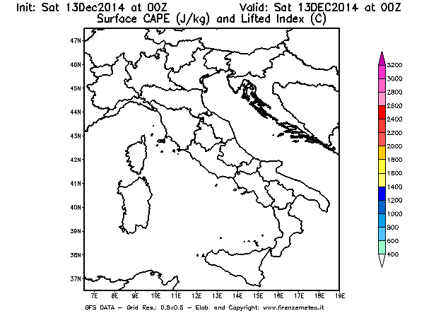 Mappa di analisi GFS - CAPE [J/kg] e Lifted Index [°C] in Italia
							del 13/12/2014 00 <!--googleoff: index-->UTC<!--googleon: index-->