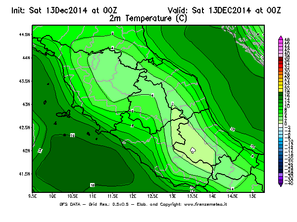 Mappa di analisi GFS - Temperatura a 2 metri dal suolo [°C] in Centro-Italia
									del 13/12/2014 00 <!--googleoff: index-->UTC<!--googleon: index-->