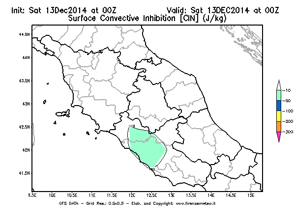 Mappa di analisi GFS - CIN [J/kg] in Centro-Italia
									del 13/12/2014 00 <!--googleoff: index-->UTC<!--googleon: index-->